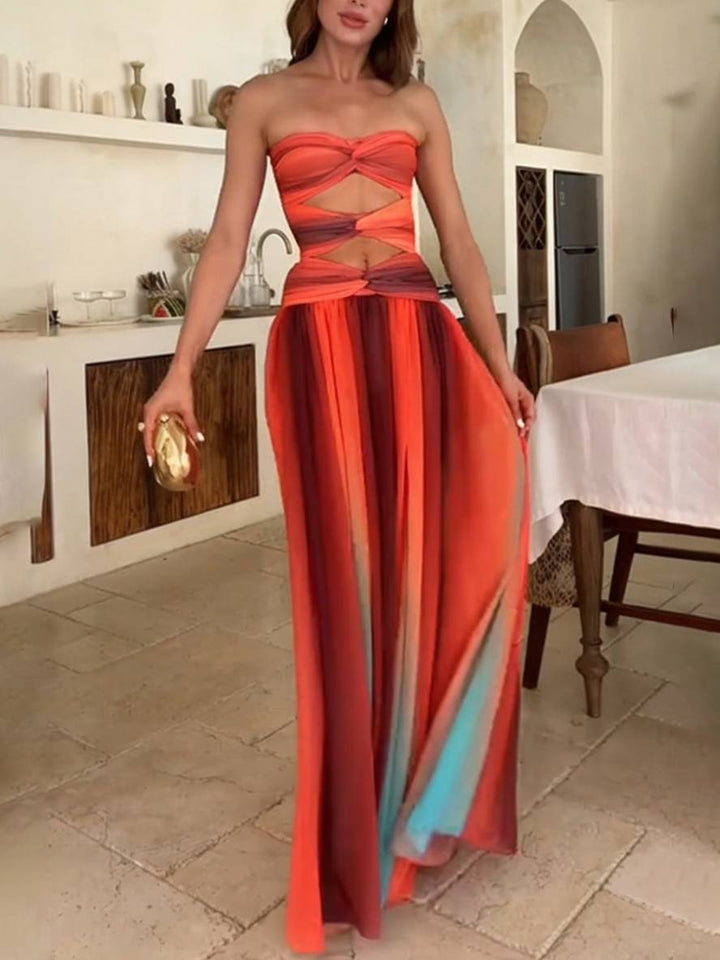 Levoire | Robe Longue Couleur Dégradé Chiffon Bustier Sans Manches Femmes Élégante Décontractée Hawaii Soirée Plage