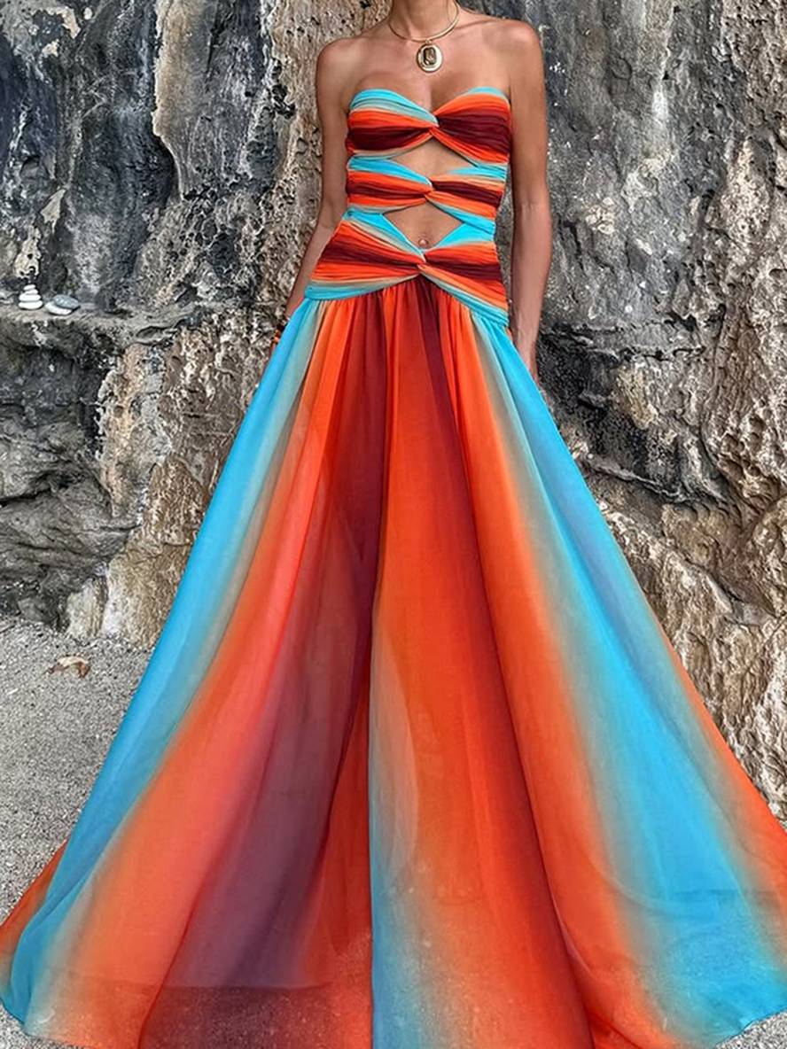 Levoire | Robe Longue Couleur Dégradé Chiffon Bustier Sans Manches Femmes Élégante Décontractée Hawaii Soirée Plage