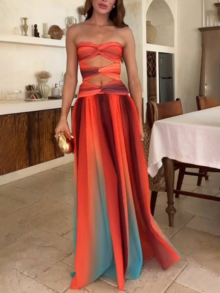 Levoire | Robe Longue Couleur Dégradé Chiffon Bustier Sans Manches Femmes Élégante Décontractée Hawaii Soirée Plage