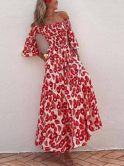 Levoire | Robe Longue À Imprimé Floral Avec Manches Évasées 3/4 Élégante Décontractée Hawaii Plage Casual Rot