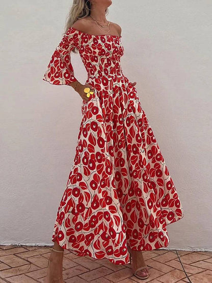 Levoire | Robe Longue À Imprimé Floral Avec Manches Évasées 3/4 Élégante Décontractée Hawaii Plage Casual