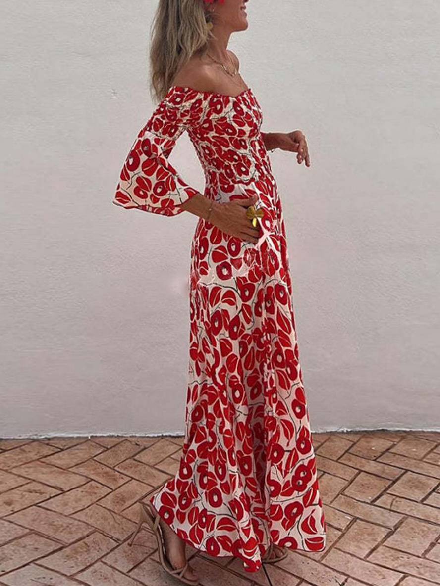 Levoire | Robe Longue À Imprimé Floral Avec Manches Évasées 3/4 Élégante Décontractée Hawaii Plage Casual
