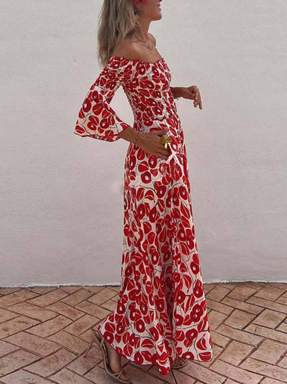 Levoire | Robe Longue À Imprimé Floral Avec Manches Évasées 3/4 Élégante Décontractée Hawaii Plage Casual