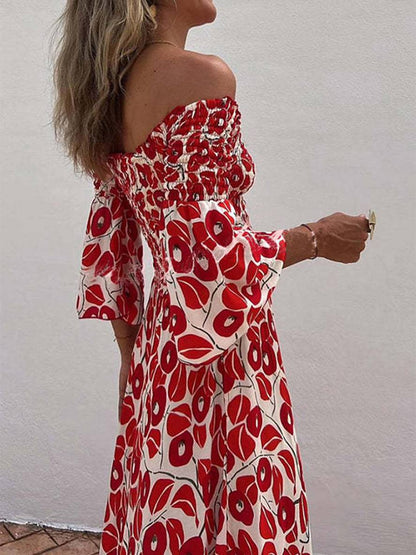 Levoire | Robe Longue À Imprimé Floral Avec Manches Évasées 3/4 Élégante Décontractée Hawaii Plage Casual