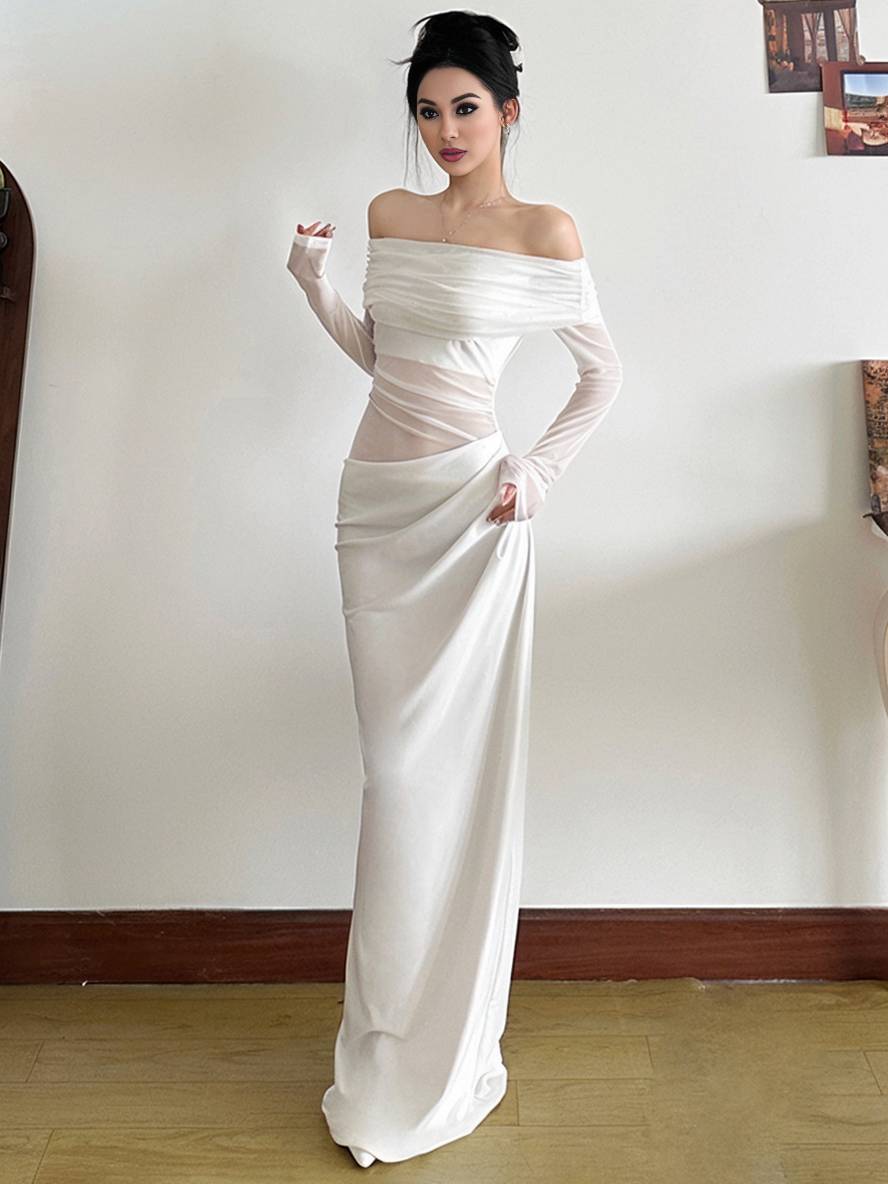 Levoire | Robe En Tulle Longue Ajustée Avec Manches Longues Dénudées Et Effet Ajouré Décontracté Robe De Bal