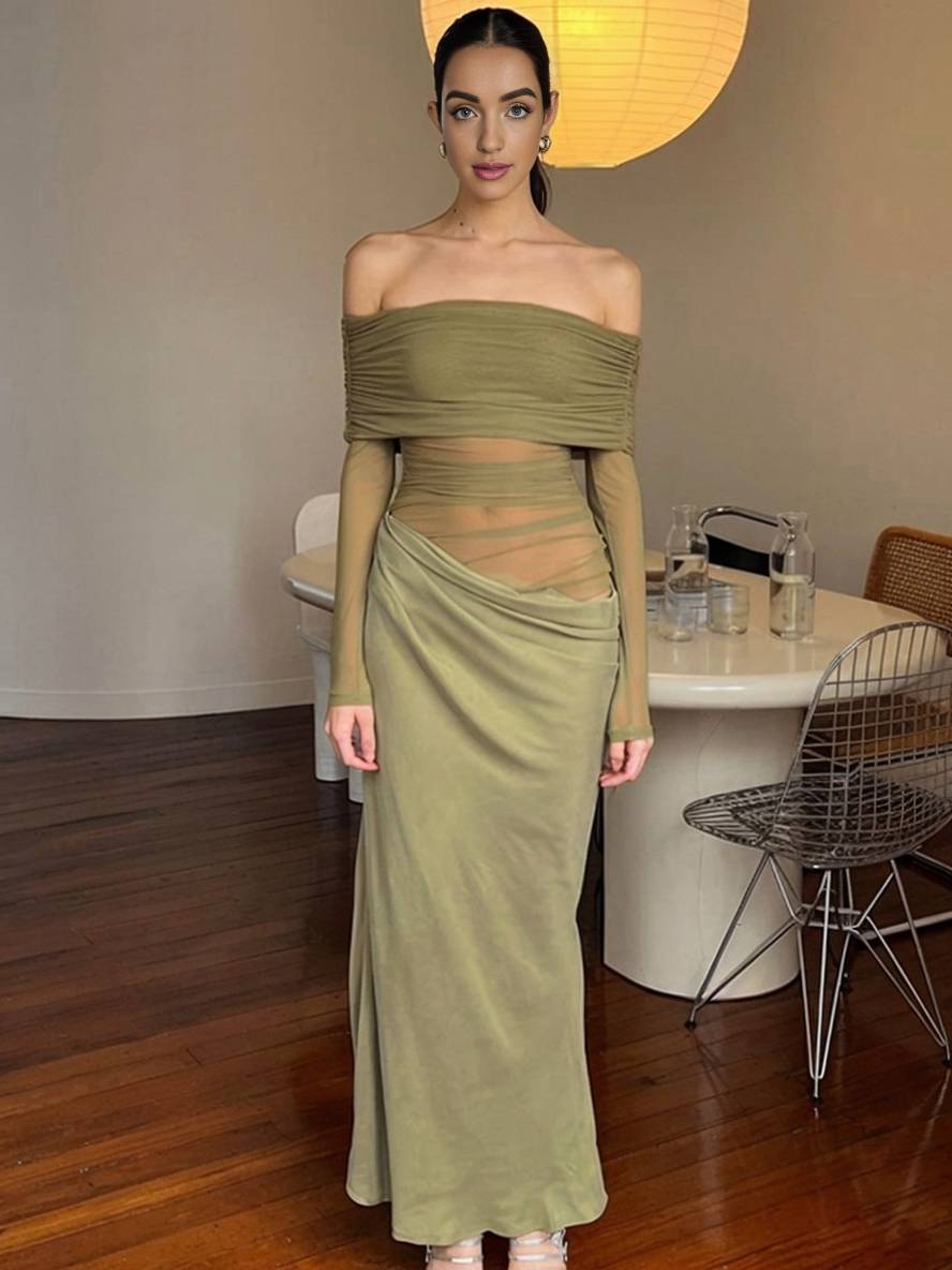 Levoire | Robe En Tulle Longue Ajustée Avec Manches Longues Dénudées Et Effet Ajouré Décontracté Robe De Bal