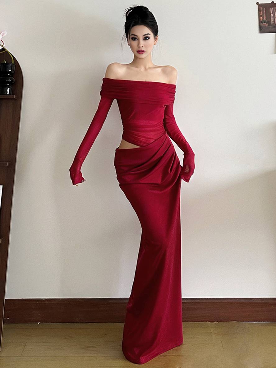 Levoire | Robe En Tulle Longue Ajustée Avec Manches Longues Dénudées Et Effet Ajouré Décontracté Robe De Bal Rot