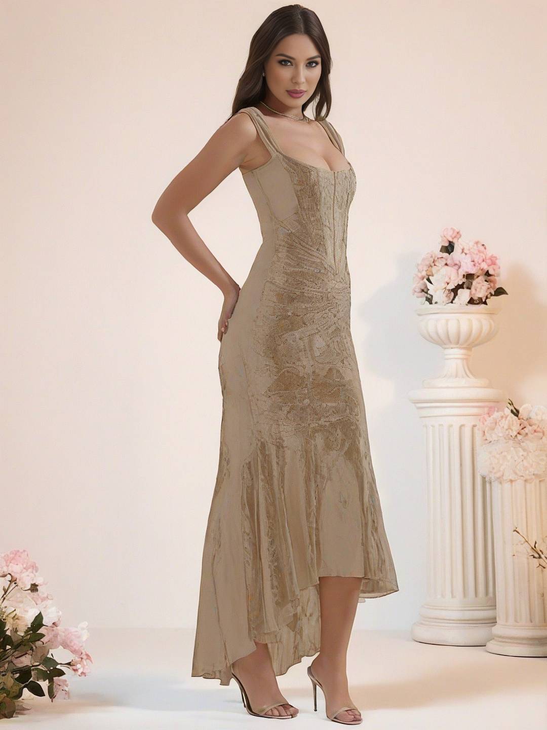 Levoire | Robe De Soirée Longue Élastique En Dentelle Sirène Corset Décolleté En Bateau Sans Manches Pour Dames Élégante Cérémonie