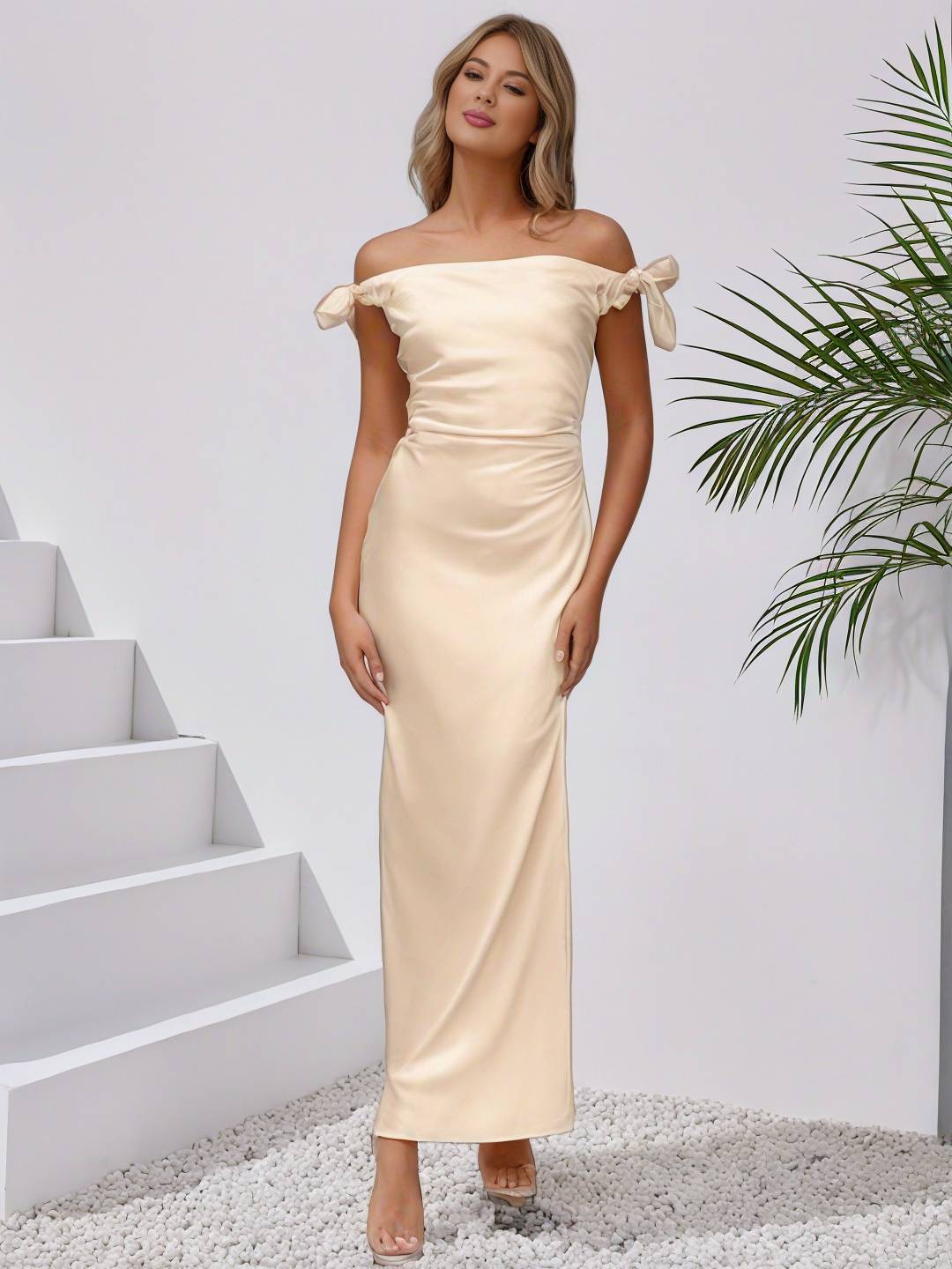 Levoire | Robe Demoiselle D'Honneur Robe En Satin Décolleté Bateau Sans Manches Dames Élégante Soirée Mariage Champagne