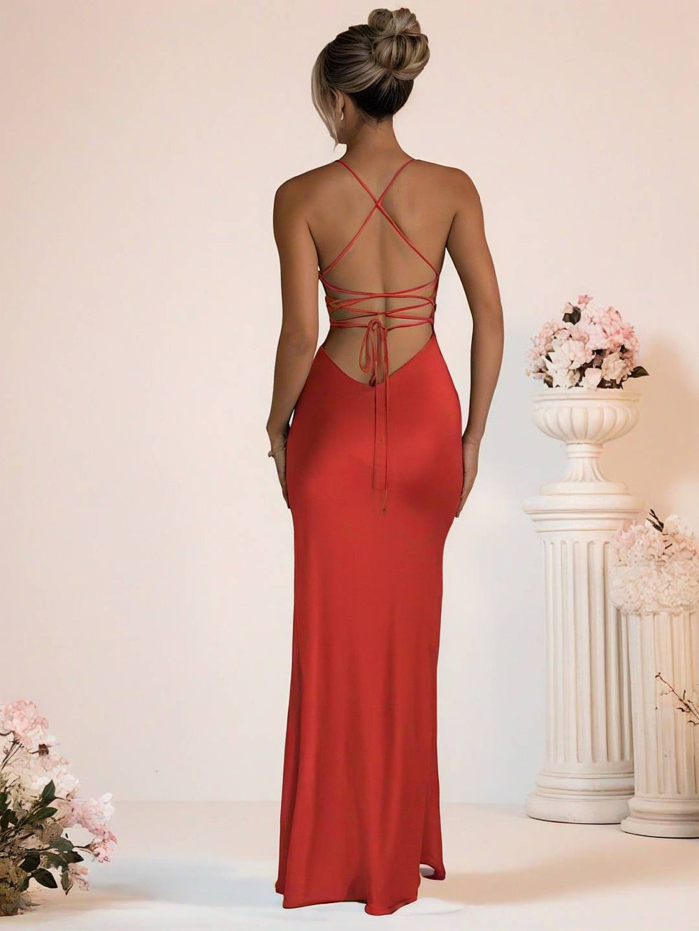 Levoire | Robe Longue En Satin Coupée Ajustée Avec Fente Sur Le Côté Décolleté En V Dos Nu Sans Manches Robe De Soirée Casual Pour Femmes Cérémonie De Bal