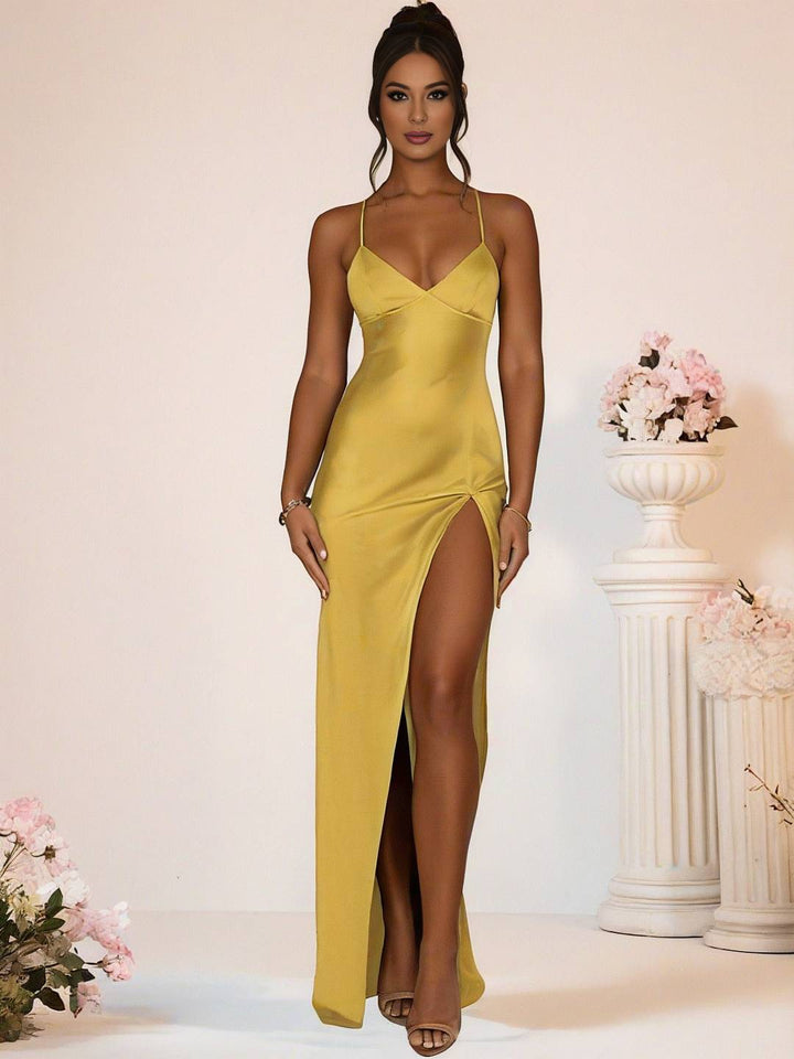 Levoire | Robe Longue En Satin Coupée Ajustée Avec Fente Sur Le Côté Décolleté En V Dos Nu Sans Manches Robe De Soirée Casual Pour Femmes Cérémonie De Bal Jaune