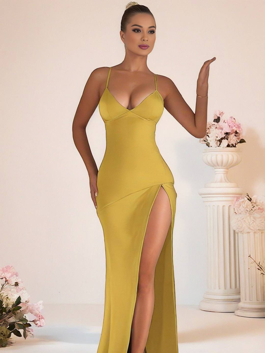 Levoire | Robe Longue En Satin Coupée Ajustée Avec Fente Sur Le Côté Décolleté En V Dos Nu Sans Manches Robe De Soirée Casual Pour Femmes Cérémonie De Bal