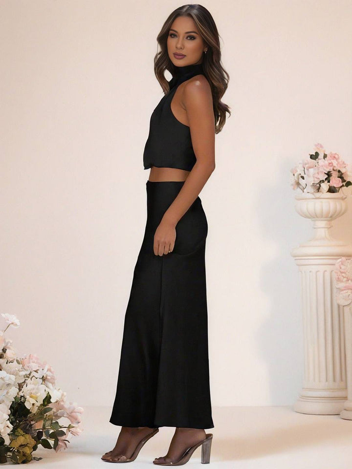 Levoire | Robe De Demoiselle D'Honneur Satin Col Roulé Sans Manches Cropped Jupe Longue Femme Élégante Robe De Témoin