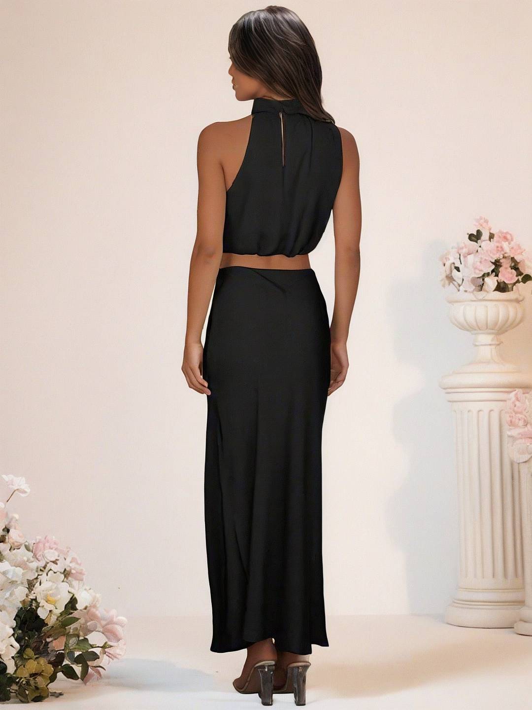 Levoire | Robe De Demoiselle D'Honneur Satin Col Roulé Sans Manches Cropped Jupe Longue Femme Élégante Robe De Témoin