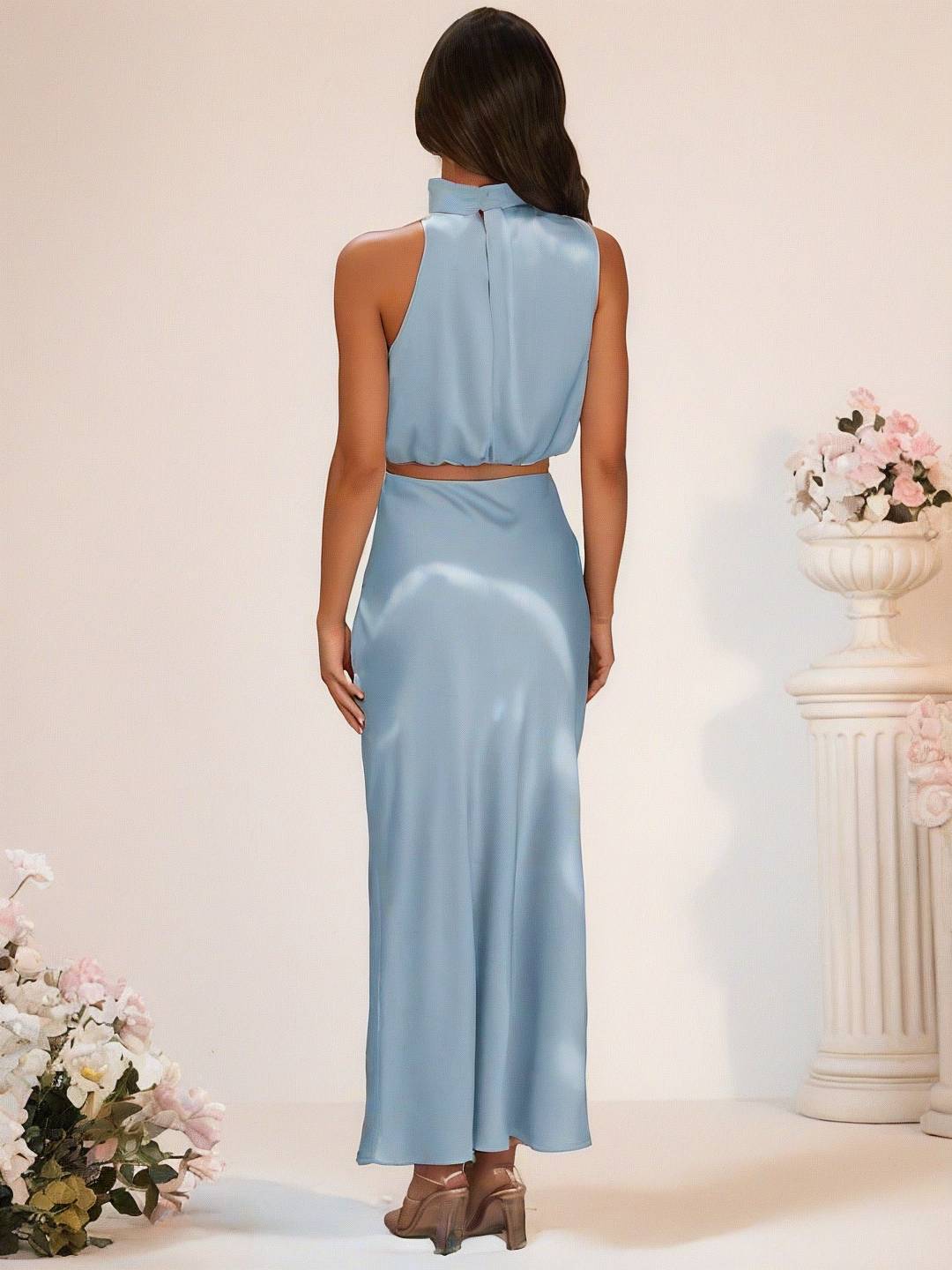 Levoire | Robe De Demoiselle D'Honneur Satin Col Roulé Sans Manches Cropped Jupe Longue Femme Élégante Robe De Témoin