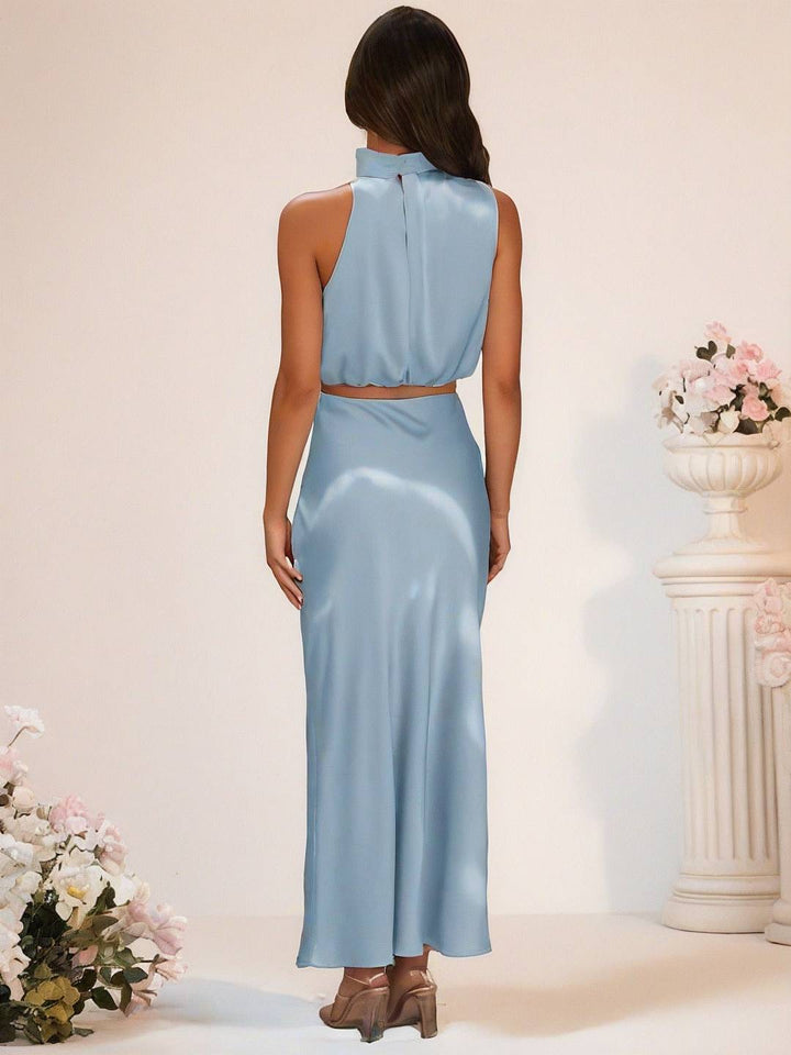 Levoire | Robe De Demoiselle D'Honneur Satin Col Roulé Sans Manches Cropped Jupe Longue Femme Élégante Robe De Témoin