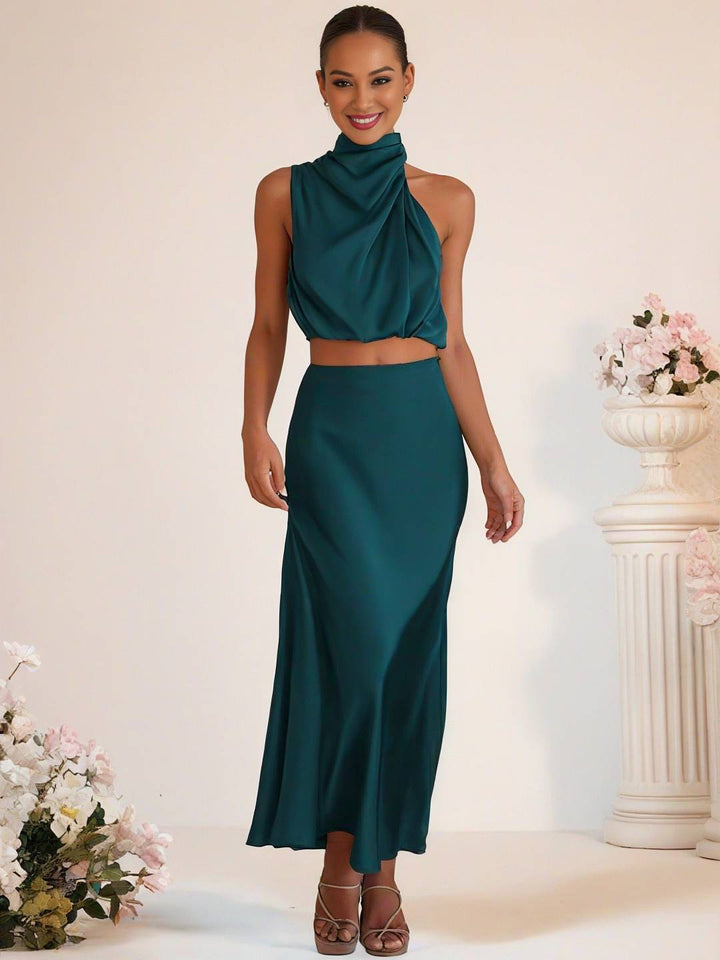Levoire | Robe De Demoiselle D'Honneur Satin Col Roulé Sans Manches Cropped Jupe Longue Femme Élégante Robe De Témoin