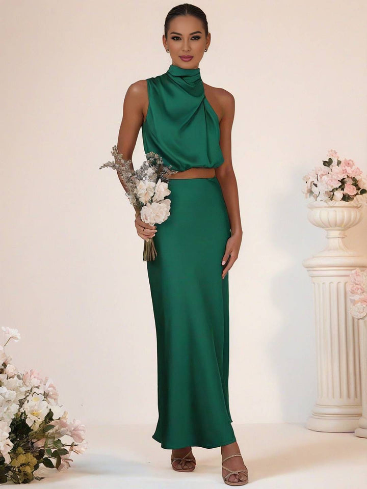 Levoire | Robe De Demoiselle D'Honneur Satin Col Roulé Sans Manches Cropped Jupe Longue Femme Élégante Robe De Témoin Vert foncé