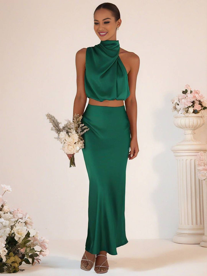 Levoire | Robe De Demoiselle D'Honneur Satin Col Roulé Sans Manches Cropped Jupe Longue Femme Élégante Robe De Témoin