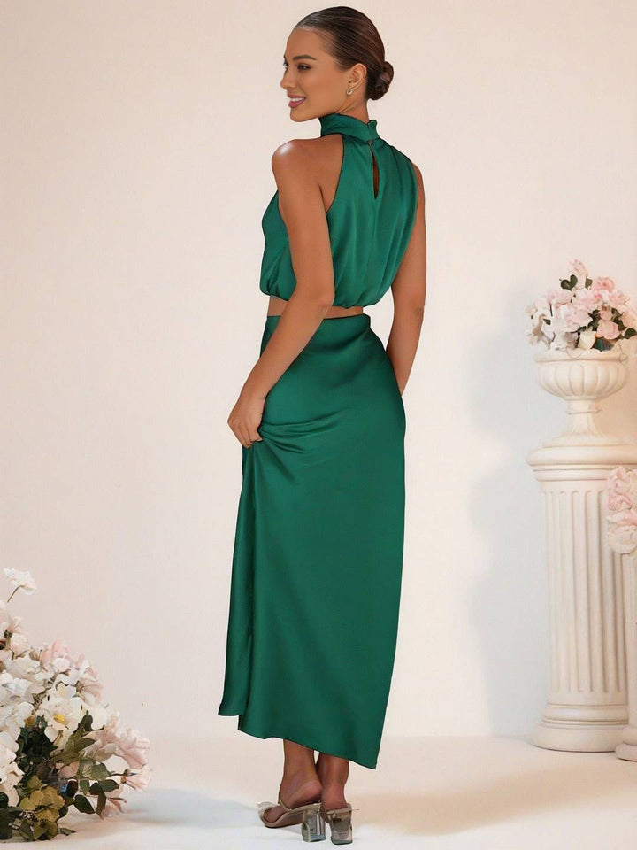 Levoire | Robe De Demoiselle D'Honneur Satin Col Roulé Sans Manches Cropped Jupe Longue Femme Élégante Robe De Témoin