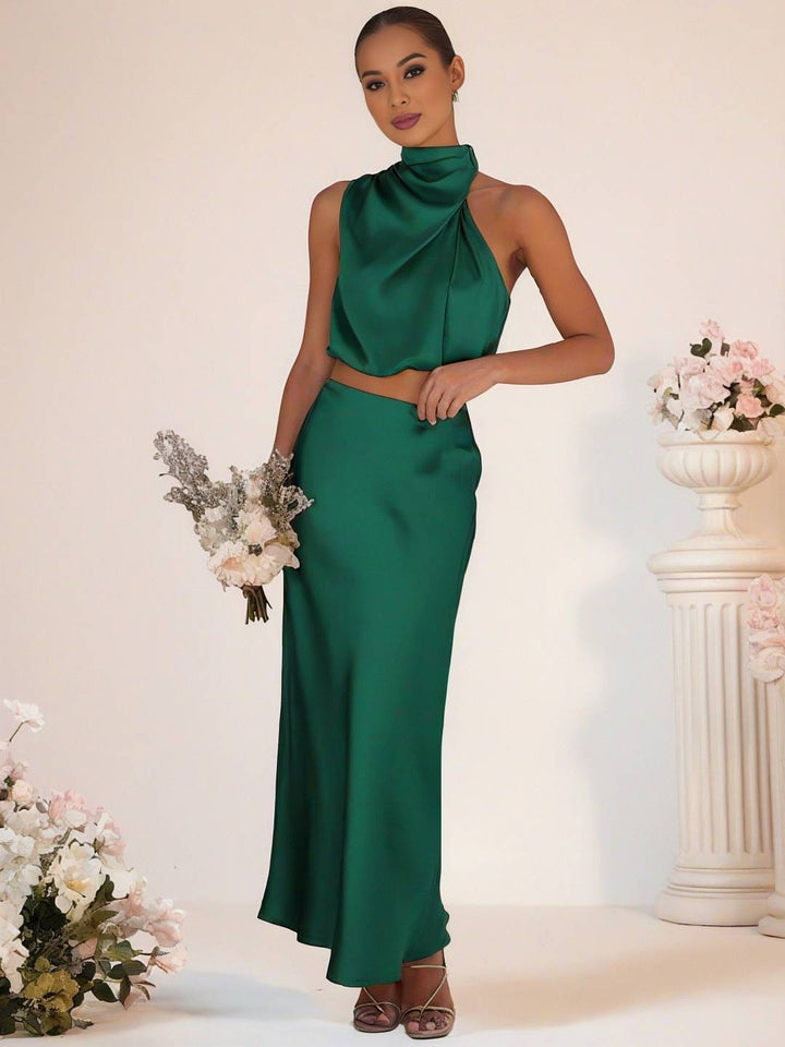 Levoire | Robe De Demoiselle D'Honneur Satin Col Roulé Sans Manches Cropped Jupe Longue Femme Élégante Robe De Témoin
