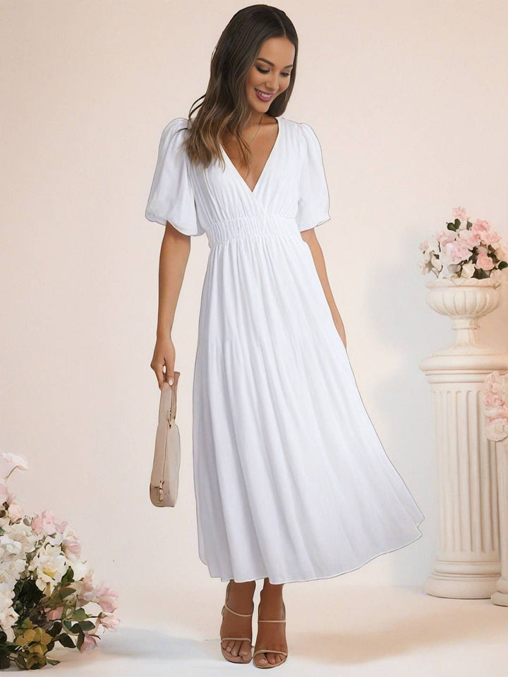 Levoire | Robe Boho Longue À Décolleté En V Avec Manches Bouffantes À Volants Courtes Manches Élégant Casual Plage Anniversaire