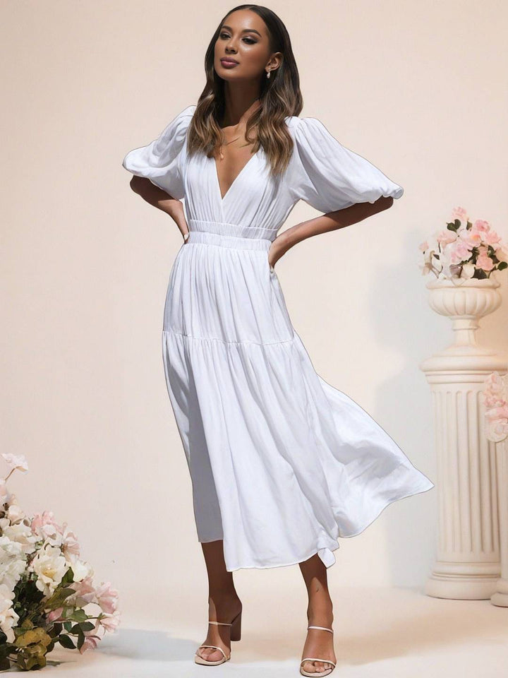 Levoire | Robe Boho Longue À Décolleté En V Avec Manches Bouffantes À Volants Courtes Manches Élégant Casual Plage Anniversaire