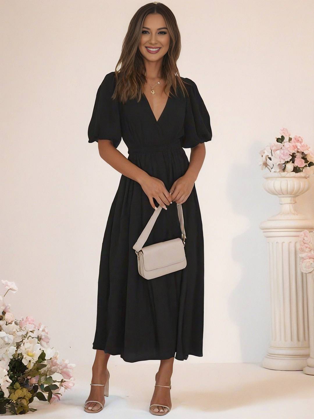 Levoire | Robe Boho Longue À Décolleté En V Avec Manches Bouffantes À Volants Courtes Manches Élégant Casual Plage Anniversaire Noir