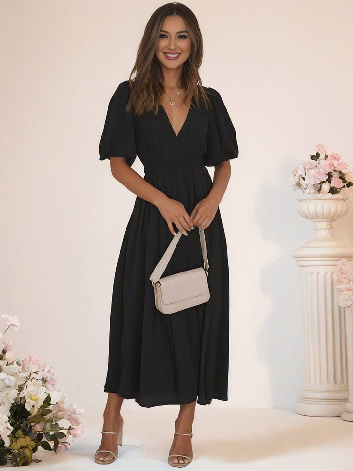 Levoire | Robe Boho Longue À Décolleté En V Avec Manches Bouffantes À Volants Courtes Manches Élégant Casual Plage Anniversaire Noir