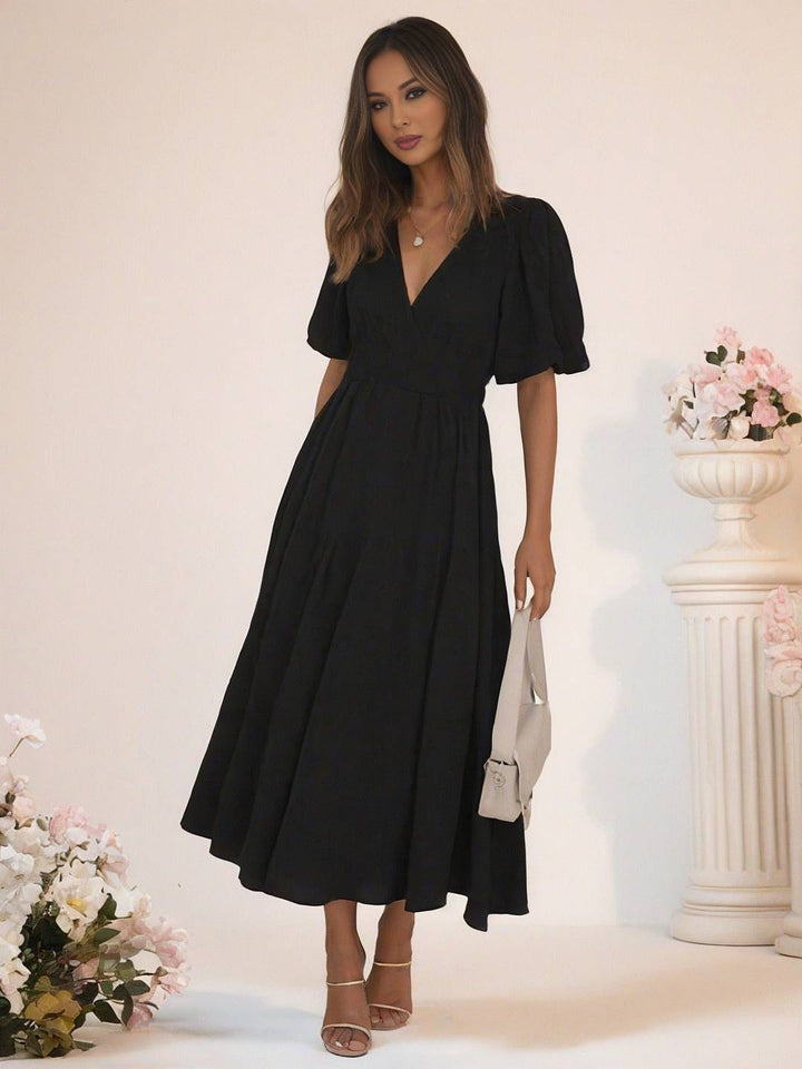 Levoire | Robe Boho Longue À Décolleté En V Avec Manches Bouffantes À Volants Courtes Manches Élégant Casual Plage Anniversaire