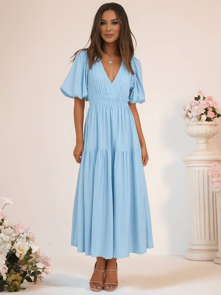 Levoire | Robe Boho Longue À Décolleté En V Avec Manches Bouffantes À Volants Courtes Manches Élégant Casual Plage Anniversaire Bleu ciel
