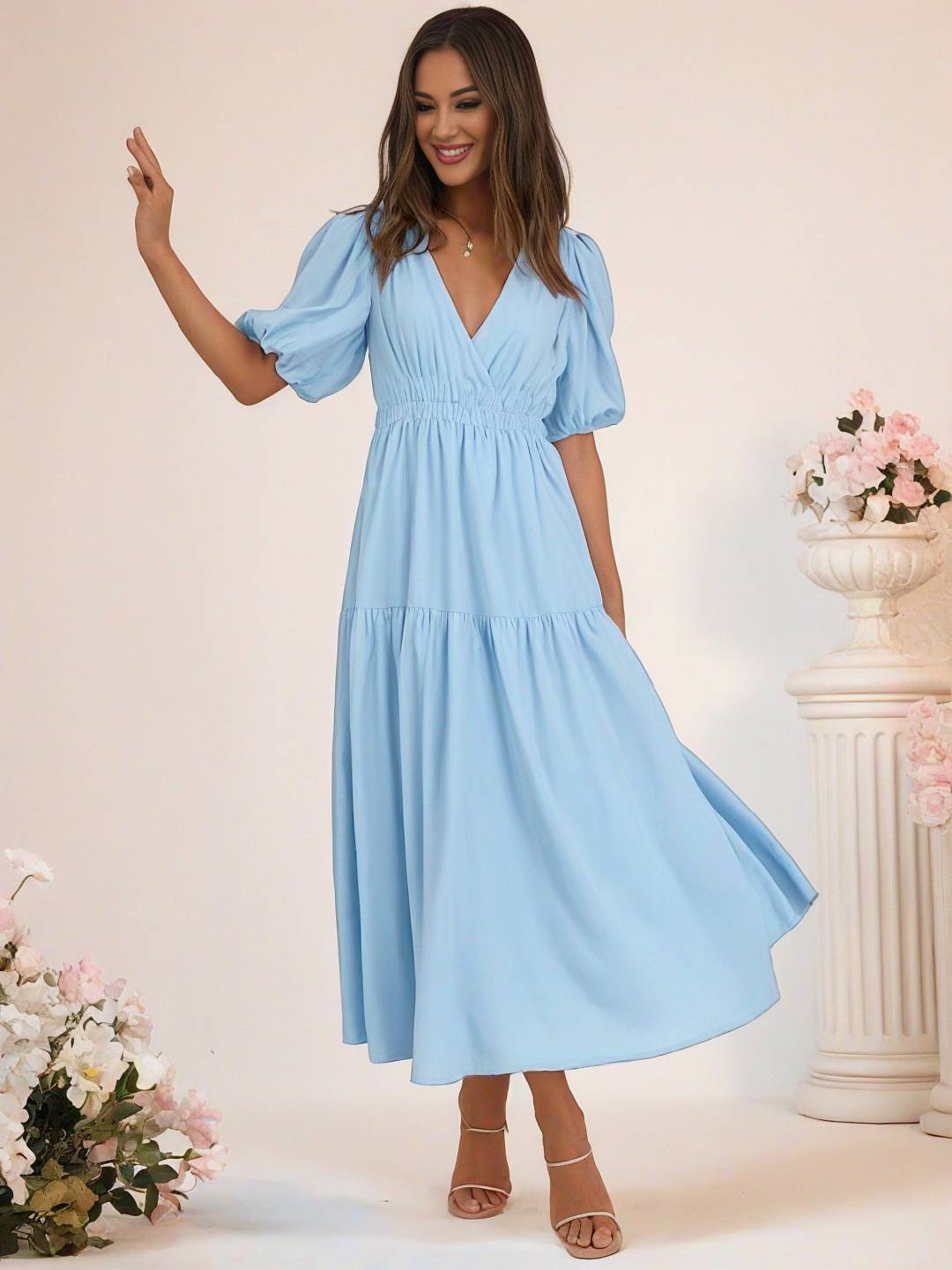 Levoire | Robe Boho Longue À Décolleté En V Avec Manches Bouffantes À Volants Courtes Manches Élégant Casual Plage Anniversaire