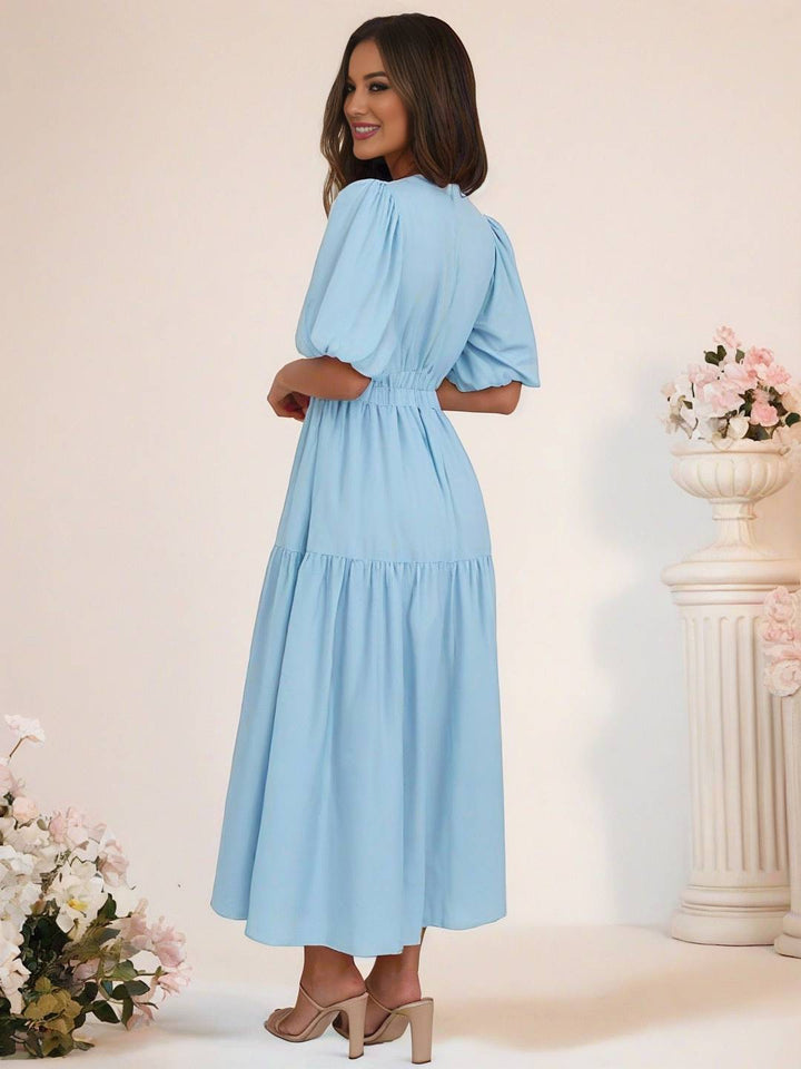 Levoire | Robe Boho Longue À Décolleté En V Avec Manches Bouffantes À Volants Courtes Manches Élégant Casual Plage Anniversaire