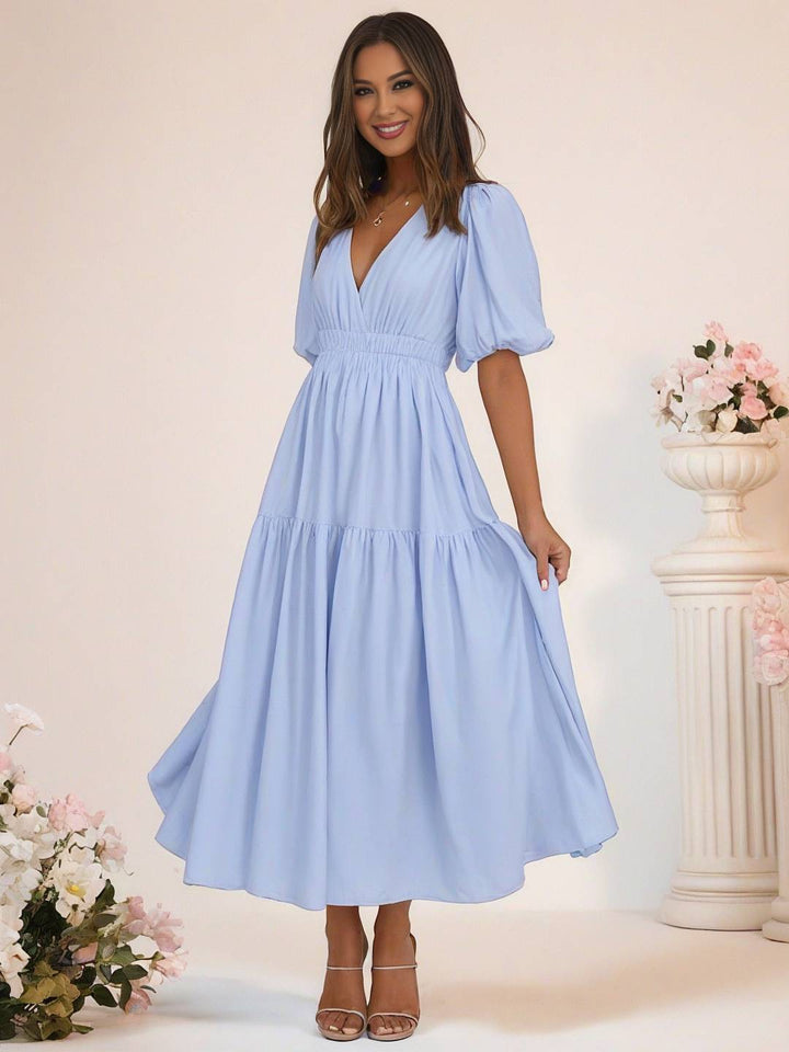 Levoire | Robe Boho Longue À Décolleté En V Avec Manches Bouffantes À Volants Courtes Manches Élégant Casual Plage Anniversaire Bleu pastel