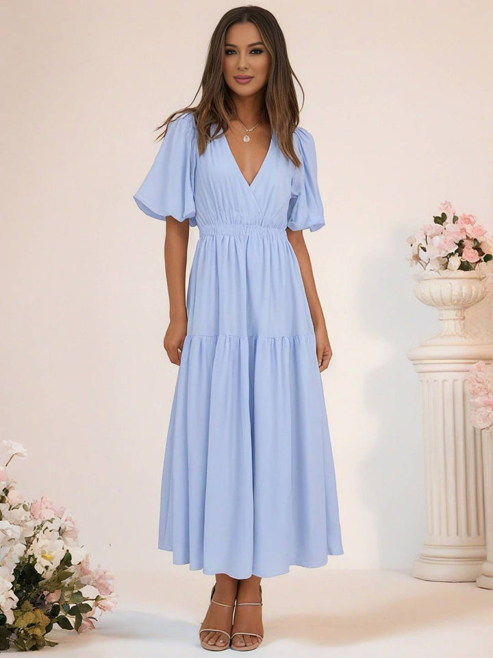 Levoire | Robe Boho Longue À Décolleté En V Avec Manches Bouffantes À Volants Courtes Manches Élégant Casual Plage Anniversaire