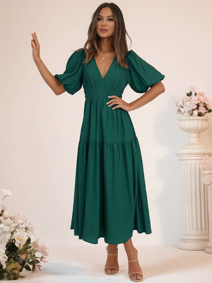 Levoire | Robe Boho Longue À Décolleté En V Avec Manches Bouffantes À Volants Courtes Manches Élégant Casual Plage Anniversaire