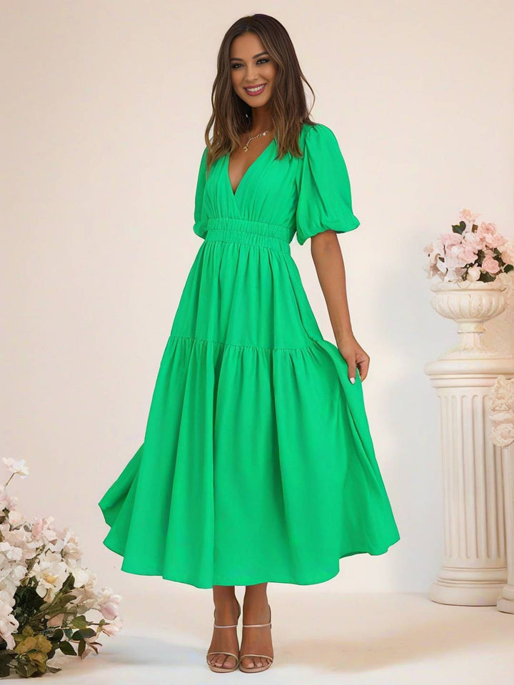 Levoire | Robe Boho Longue À Décolleté En V Avec Manches Bouffantes À Volants Courtes Manches Élégant Casual Plage Anniversaire Vert pastel