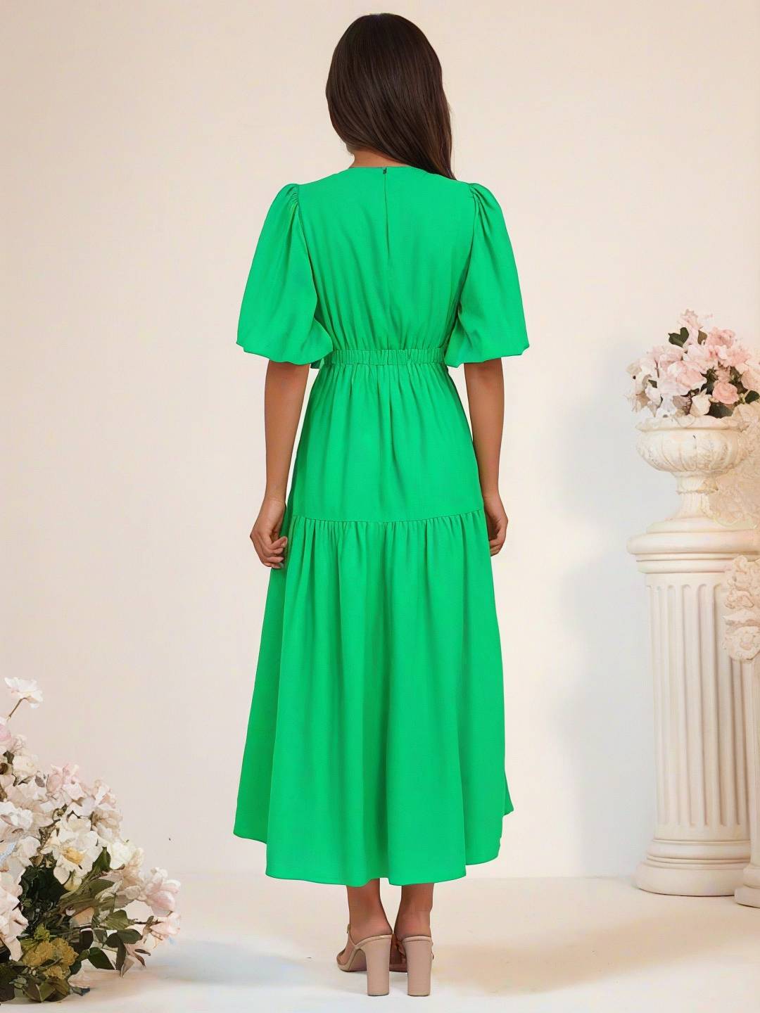 Levoire | Robe Boho Longue À Décolleté En V Avec Manches Bouffantes À Volants Courtes Manches Élégant Casual Plage Anniversaire