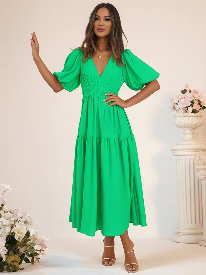 Levoire | Robe Boho Longue À Décolleté En V Avec Manches Bouffantes À Volants Courtes Manches Élégant Casual Plage Anniversaire