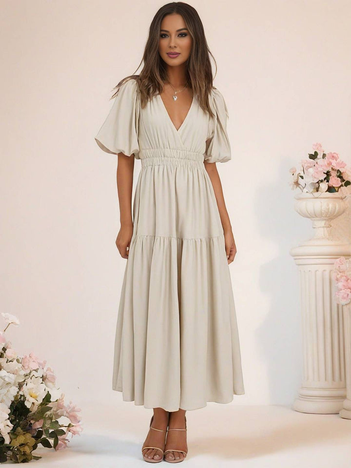 Levoire | Robe Boho Longue À Décolleté En V Avec Manches Bouffantes À Volants Courtes Manches Élégant Casual Plage Anniversaire
