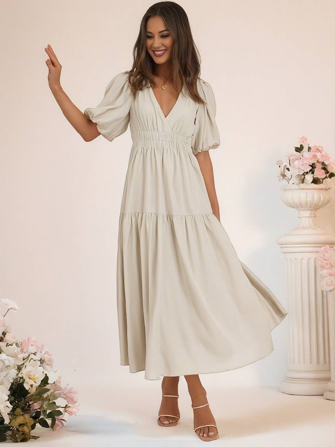 Levoire | Robe Boho Longue À Décolleté En V Avec Manches Bouffantes À Volants Courtes Manches Élégant Casual Plage Anniversaire