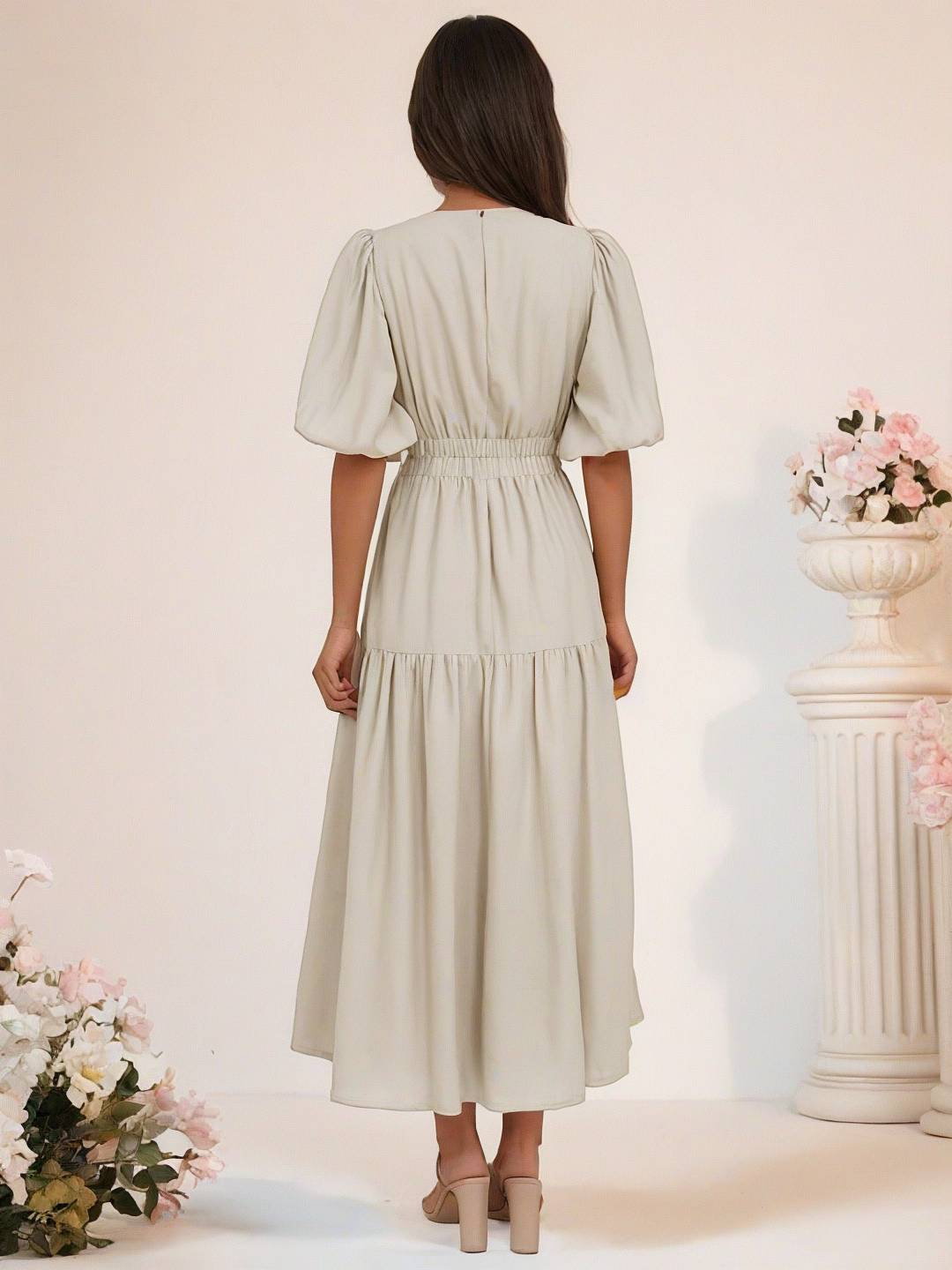Levoire | Robe Boho Longue À Décolleté En V Avec Manches Bouffantes À Volants Courtes Manches Élégant Casual Plage Anniversaire
