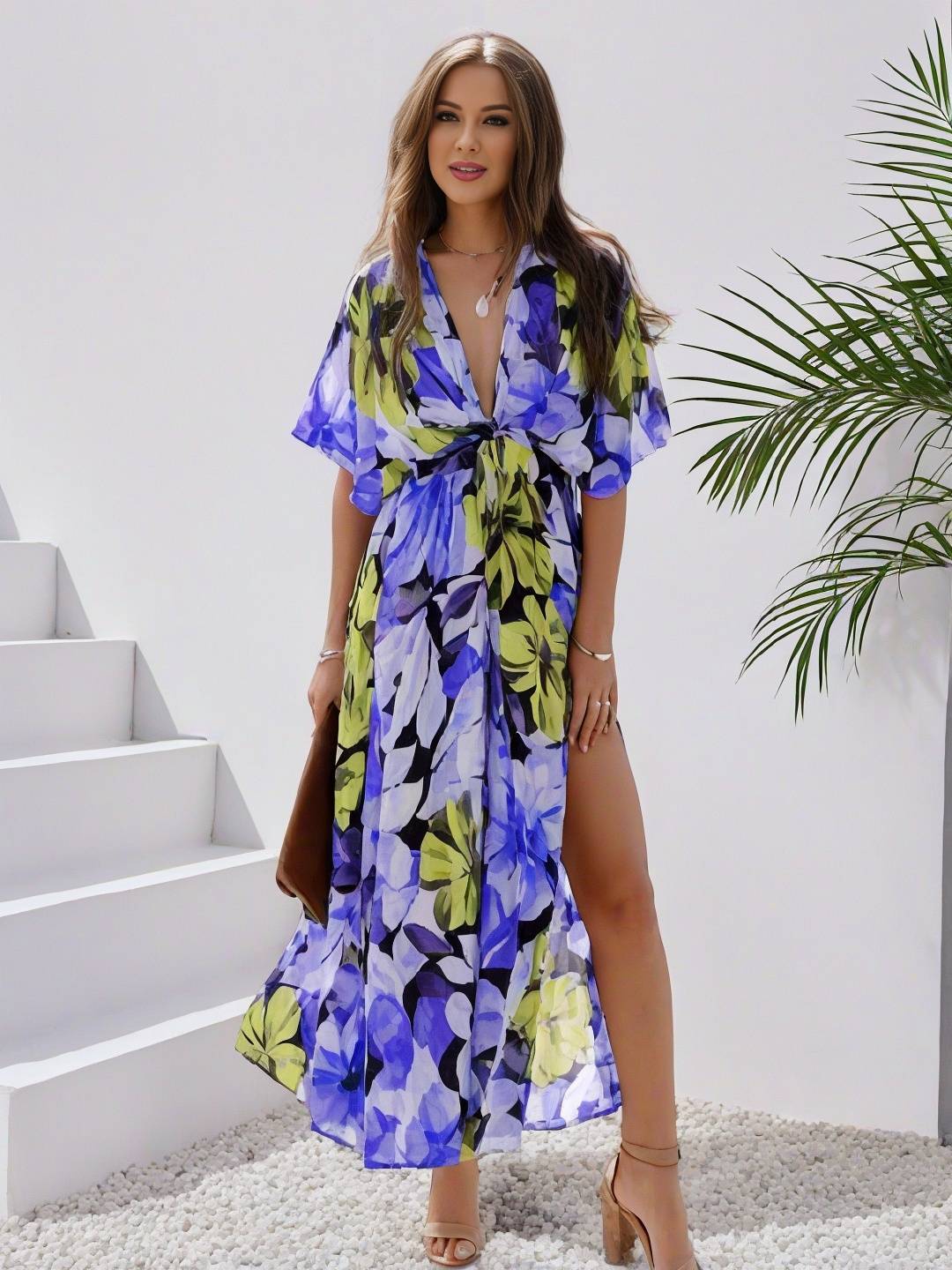 Levoire | Robe Bohémienne Longue À Motif Floral Décolleté En V Fente Manches Jusqu'Au Coude Femme Boho Décontractée Large Robe De Plage Hawaïenne Bleu