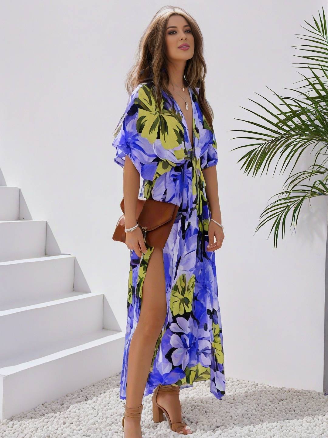 Levoire | Robe Bohémienne Longue À Motif Floral Décolleté En V Fente Manches Jusqu'Au Coude Femme Boho Décontractée Large Robe De Plage Hawaïenne