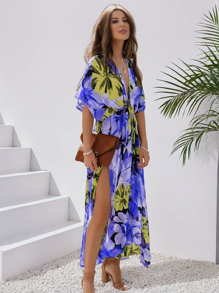 Levoire | Robe Bohémienne Longue À Motif Floral Décolleté En V Fente Manches Jusqu'Au Coude Femme Boho Décontractée Large Robe De Plage Hawaïenne