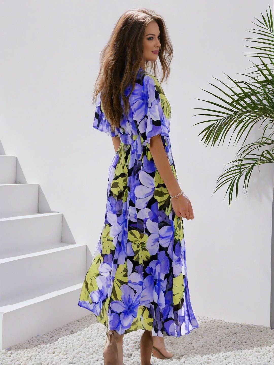 Levoire | Robe Bohémienne Longue À Motif Floral Décolleté En V Fente Manches Jusqu'Au Coude Femme Boho Décontractée Large Robe De Plage Hawaïenne