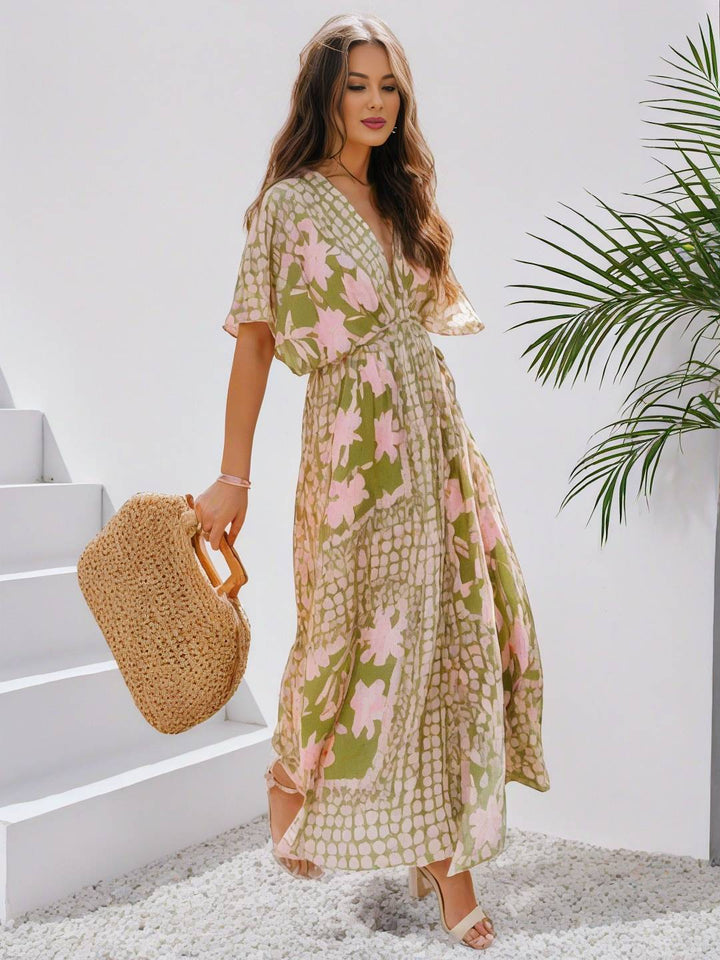 Levoire | Robe Bohémienne Longue À Motif Floral Décolleté En V Fente Manches Jusqu'Au Coude Femme Boho Décontractée Large Robe De Plage Hawaïenne