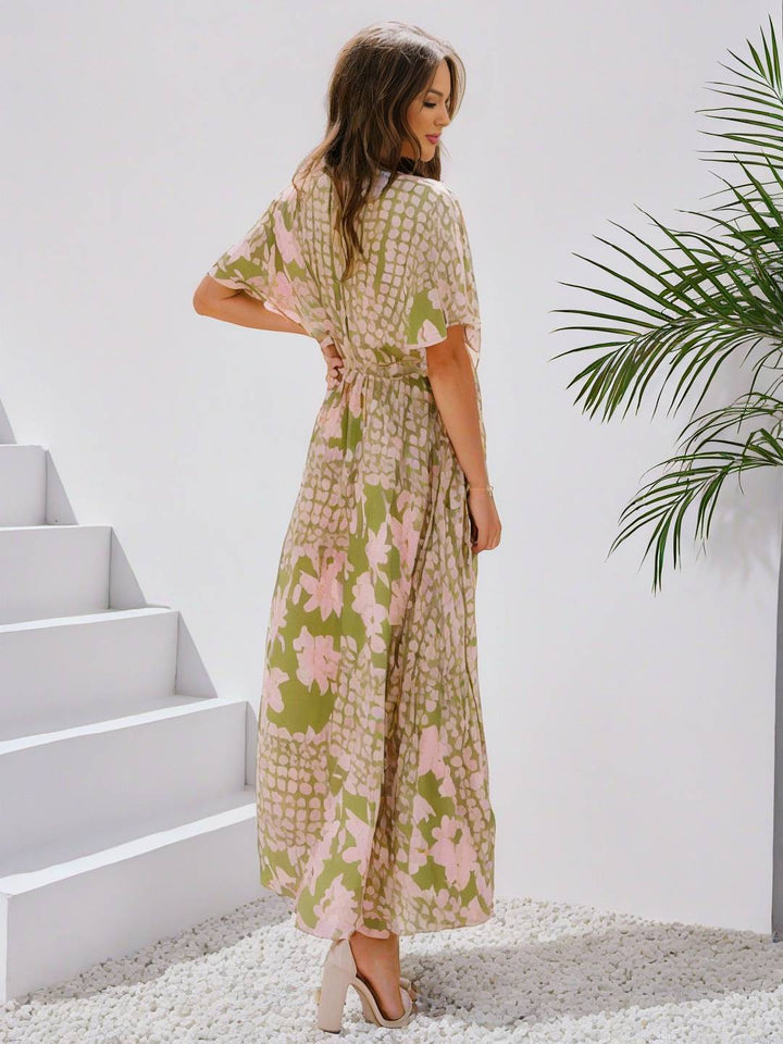 Levoire | Robe Bohémienne Longue À Motif Floral Décolleté En V Fente Manches Jusqu'Au Coude Femme Boho Décontractée Large Robe De Plage Hawaïenne