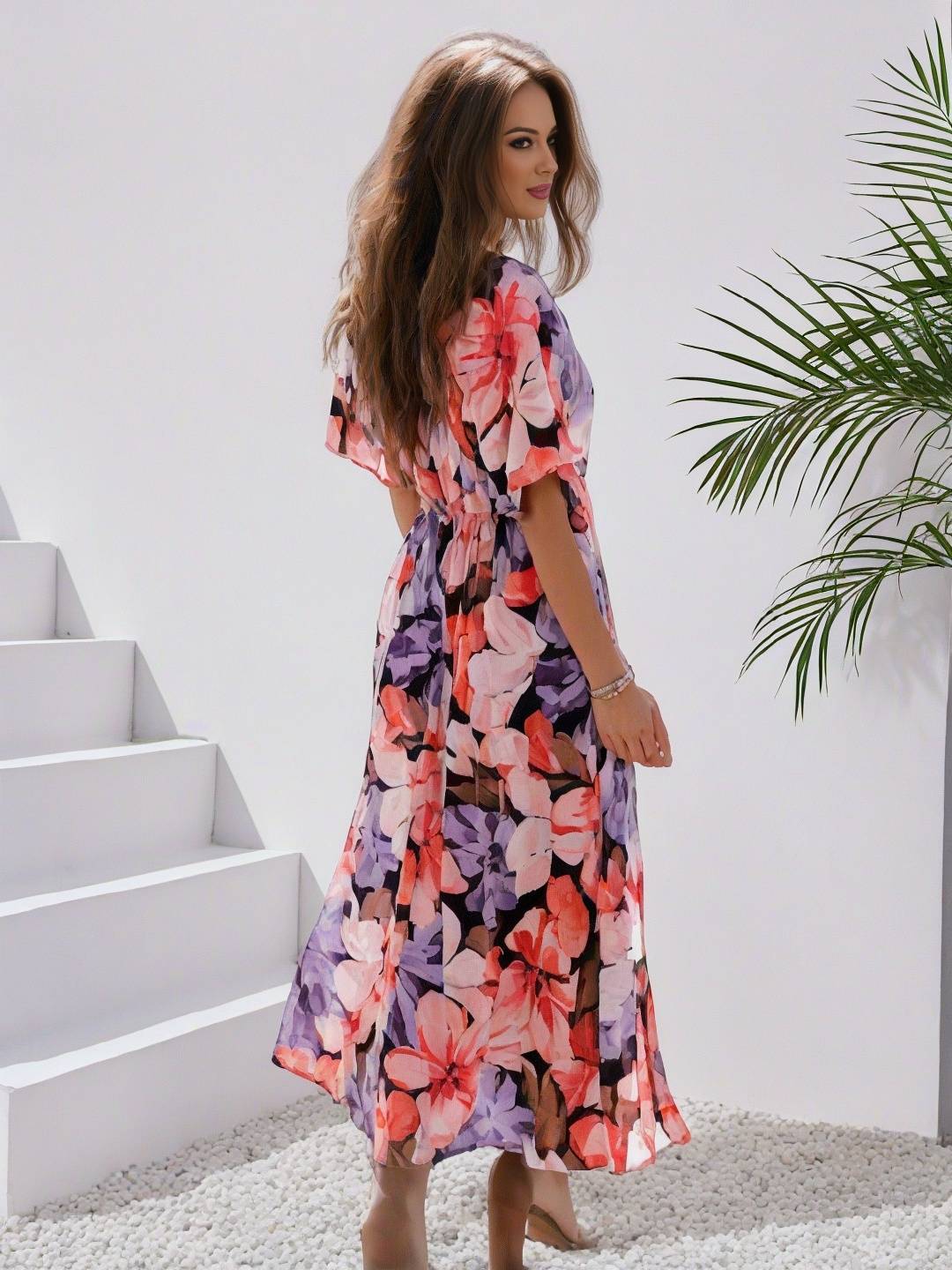 Levoire | Robe Bohémienne Longue À Motif Floral Décolleté En V Fente Manches Jusqu'Au Coude Femme Boho Décontractée Large Robe De Plage Hawaïenne