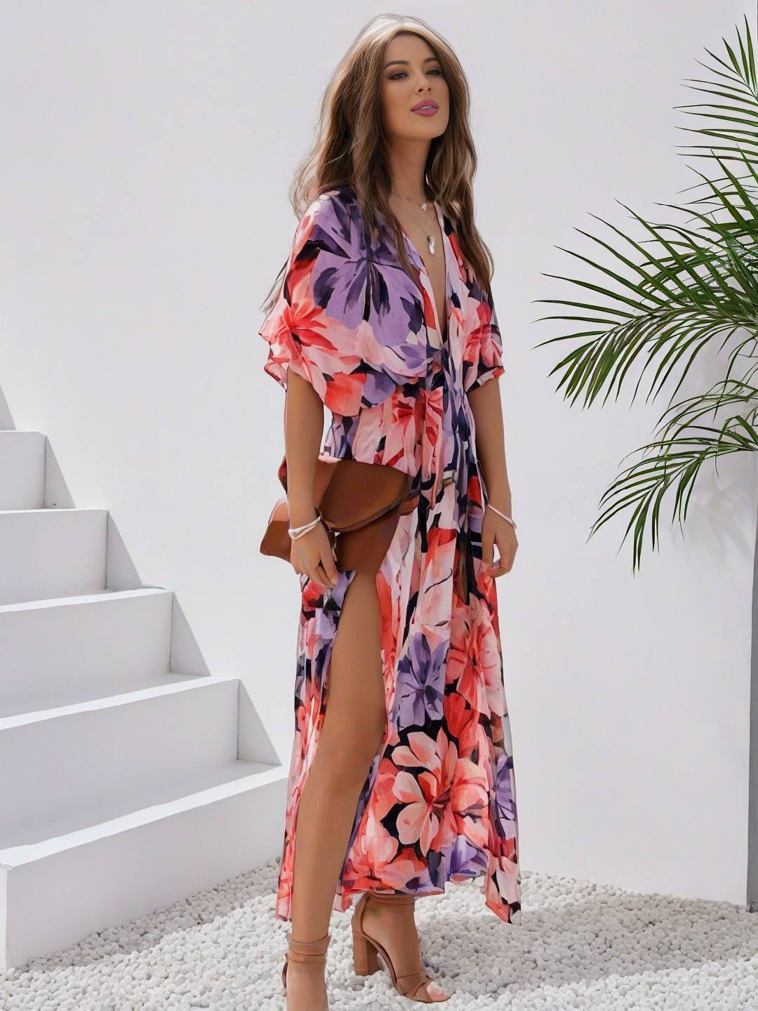 Levoire | Robe Bohémienne Longue À Motif Floral Décolleté En V Fente Manches Jusqu'Au Coude Femme Boho Décontractée Large Robe De Plage Hawaïenne